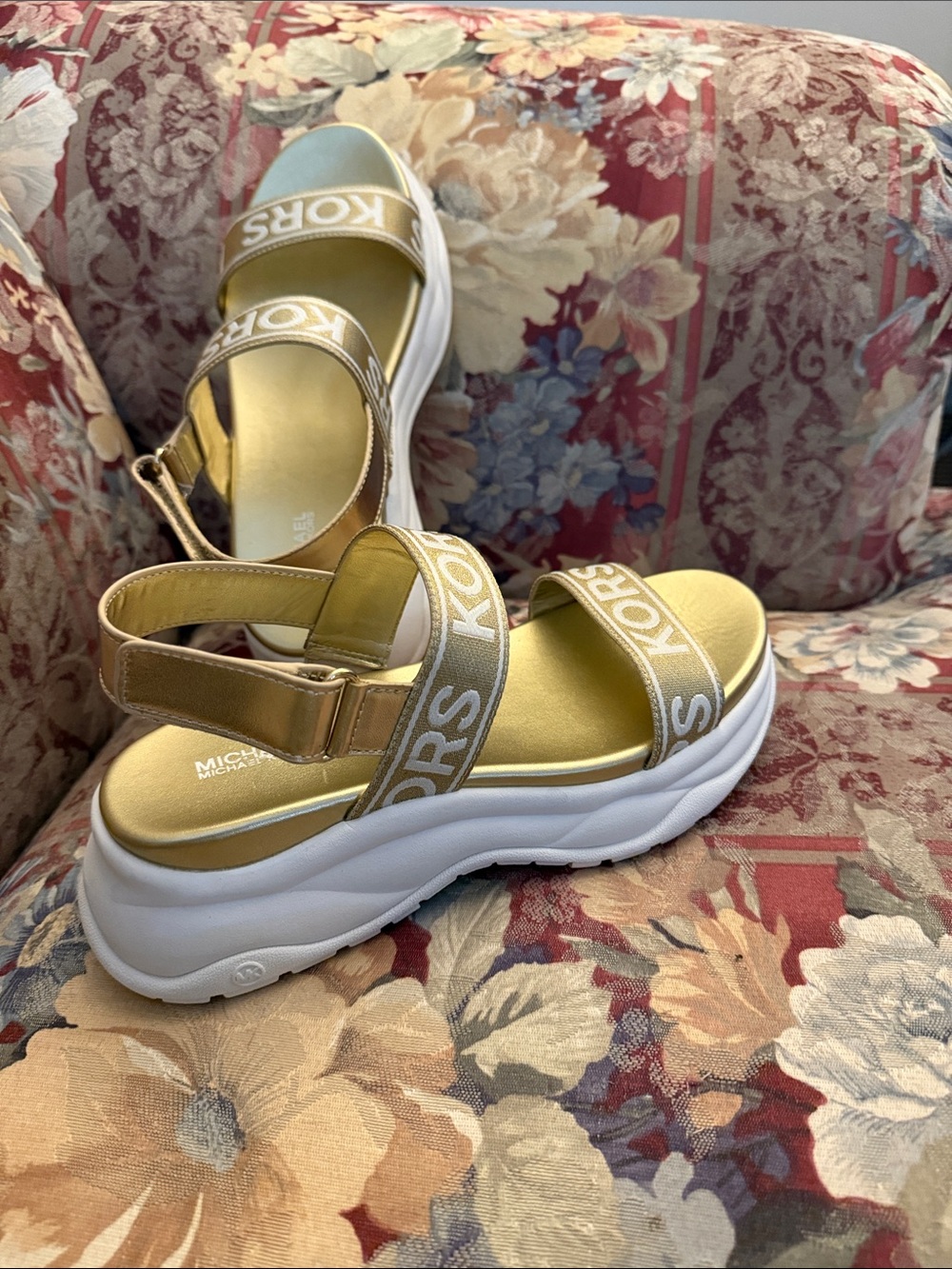 Michael Kors Metallic Gold Platform Sandals with Logo Straps. Brand New